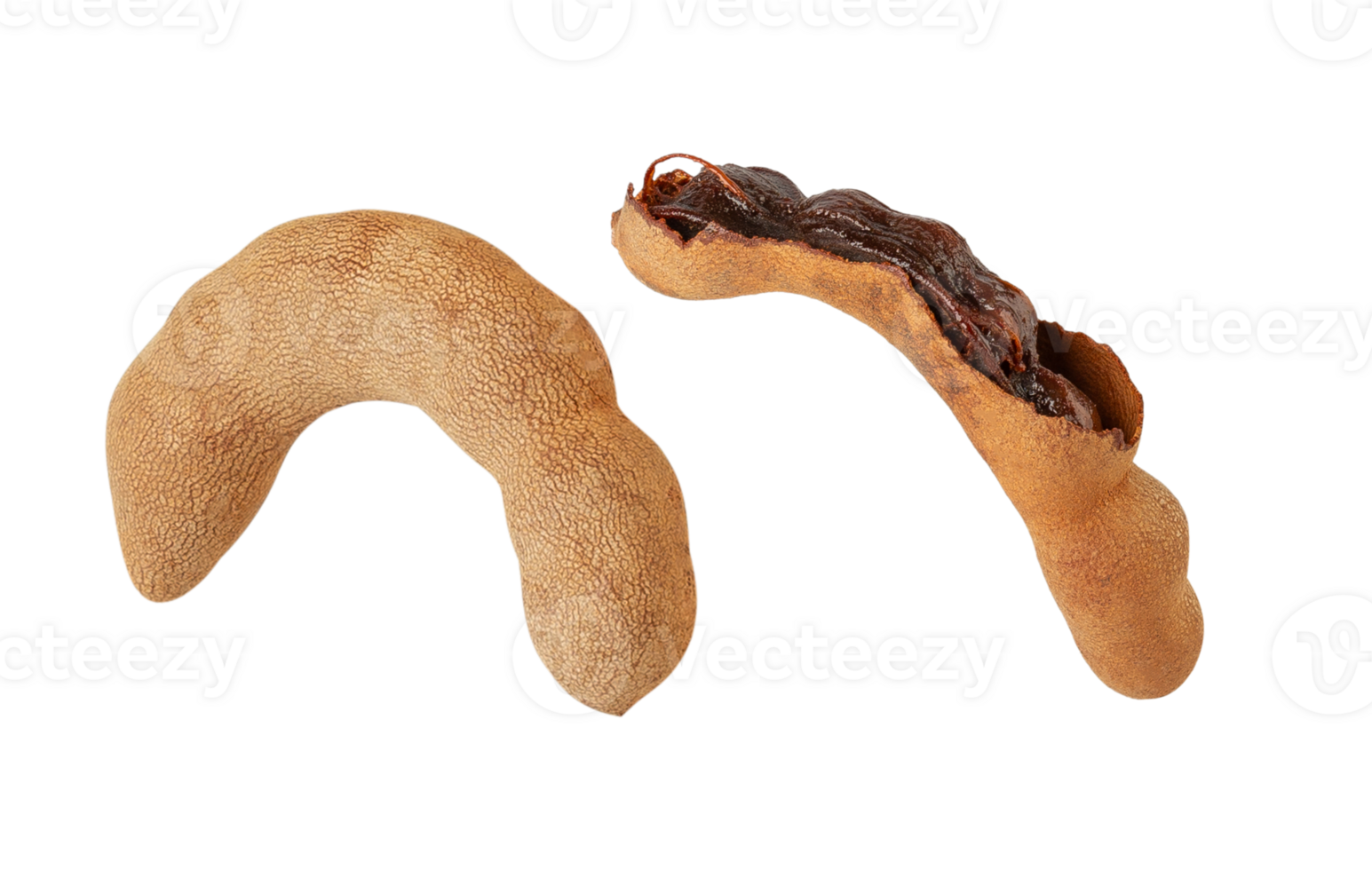 Tamarind pods with textured outer shell and dark, sticky pulp inside, showcasing their unique shape and color png