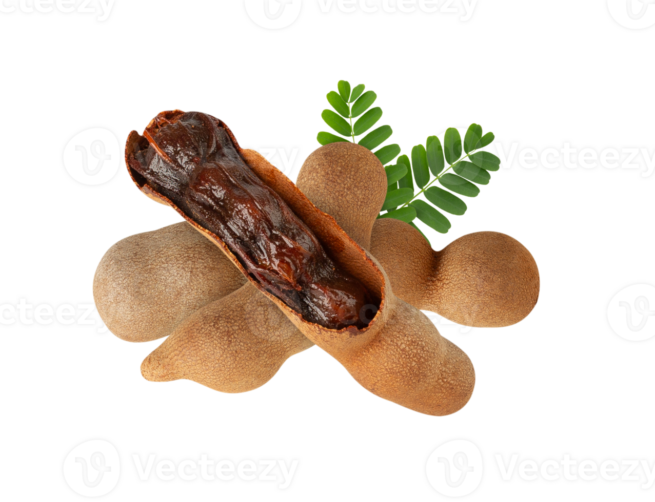 Tamarind fruit with pods and leaves, showcasing its unique texture and color png