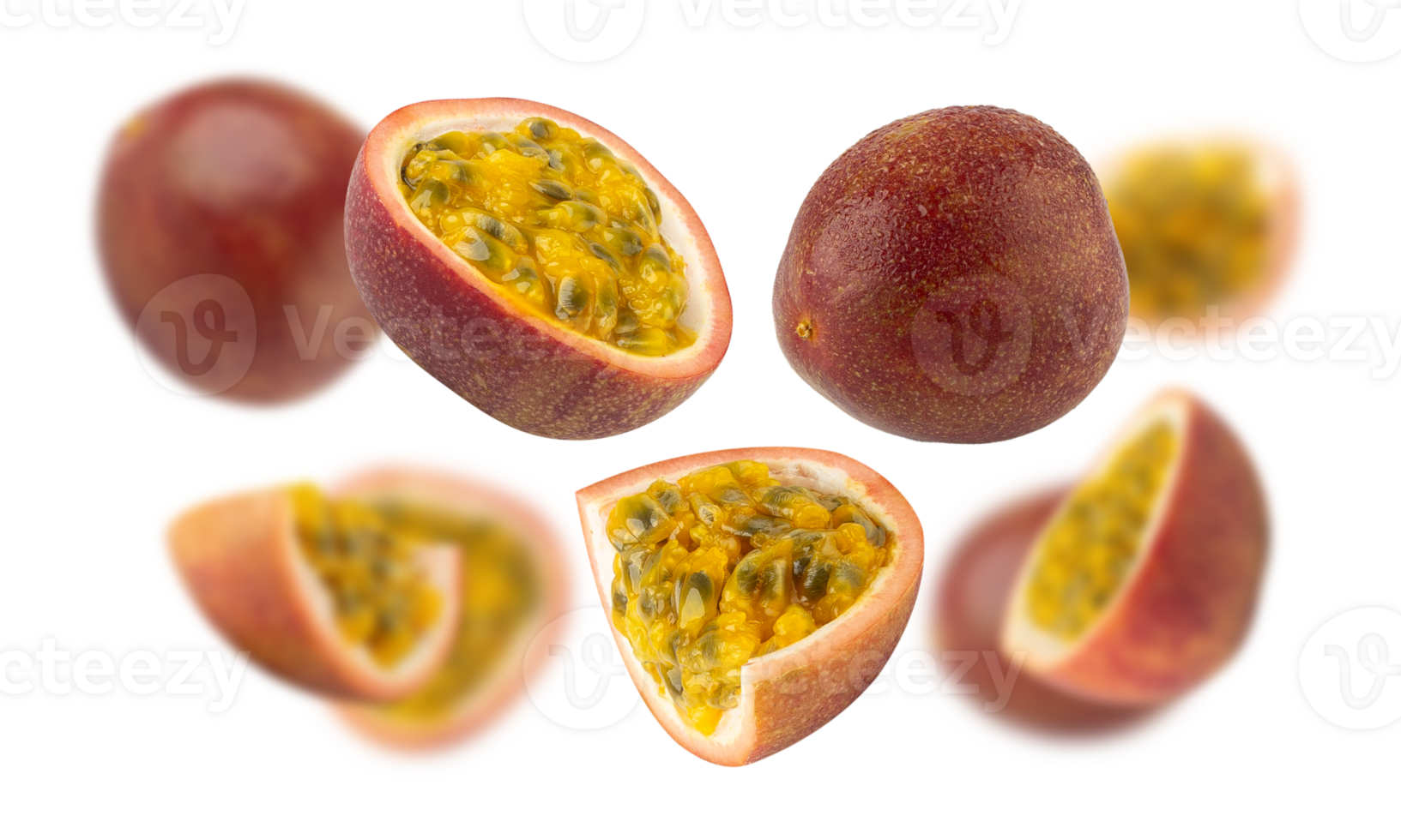 Fresh passion fruit with vibrant yellow pulp and seeds, showcasing its juicy interior png