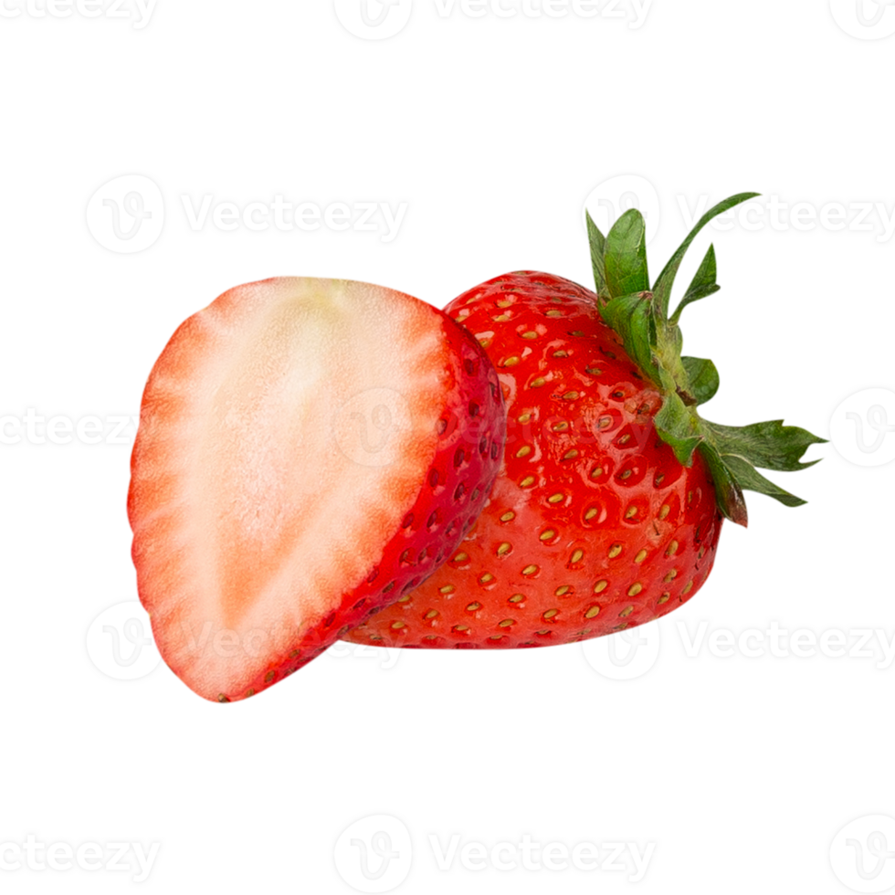 Fresh red strawberry with sliced half showcasing its juicy interior png