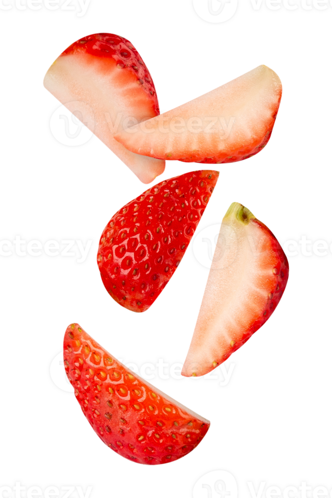 Fresh strawberry slices arranged artistically on transparency background, showcasing vibrant red and white colors png