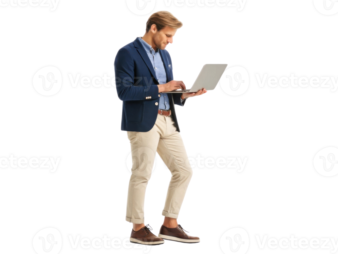 professional man using laptop while standing, dressed in smart casual attire png