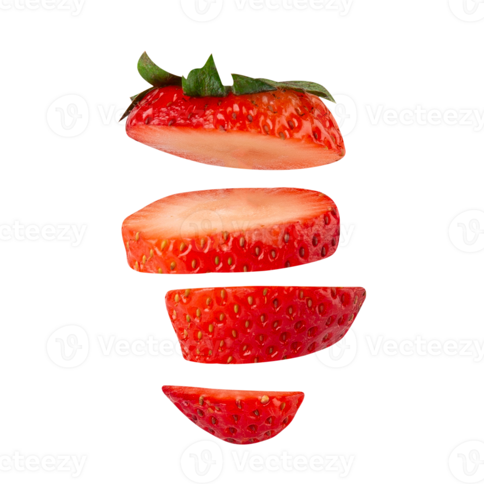 Fresh sliced strawberry with vibrant red color and green leaves png