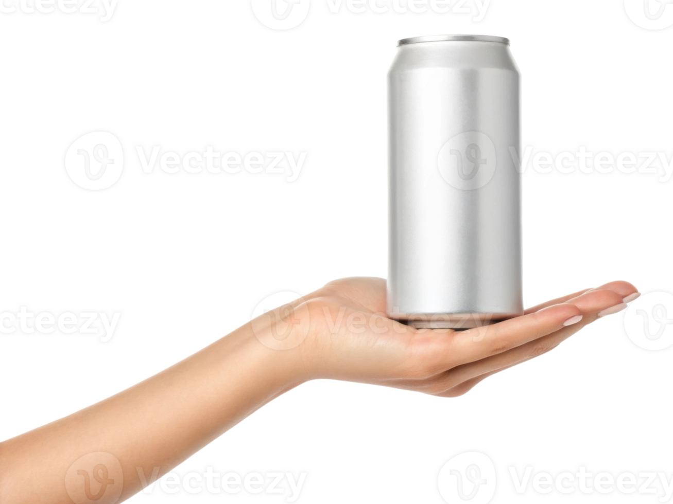 hand holding tall, silver can against transparency background, showcasing its sleek design and modern appeal png