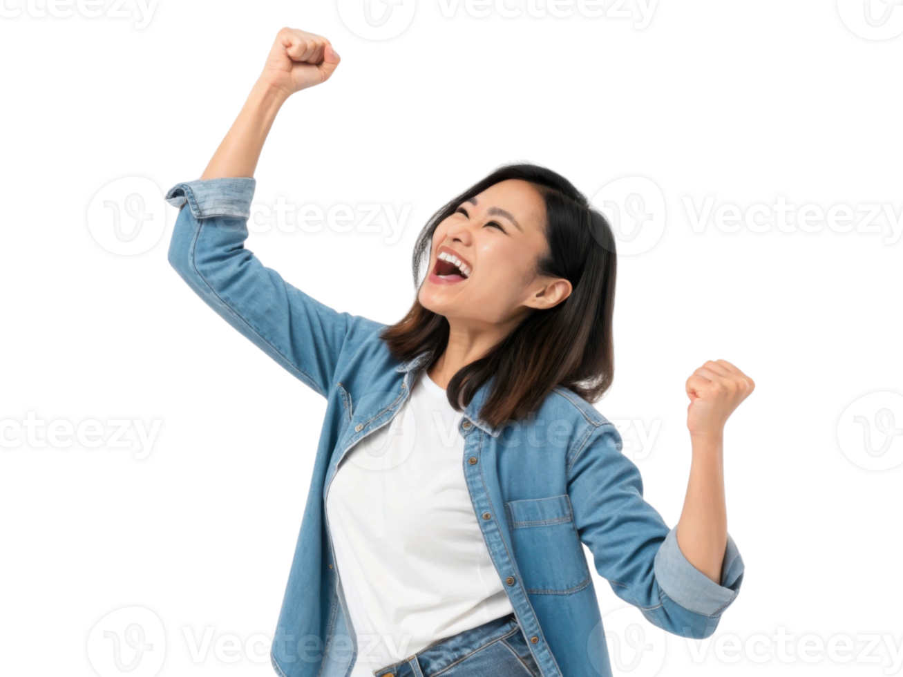 Excited woman celebrating success with raised fists and joyful expression png