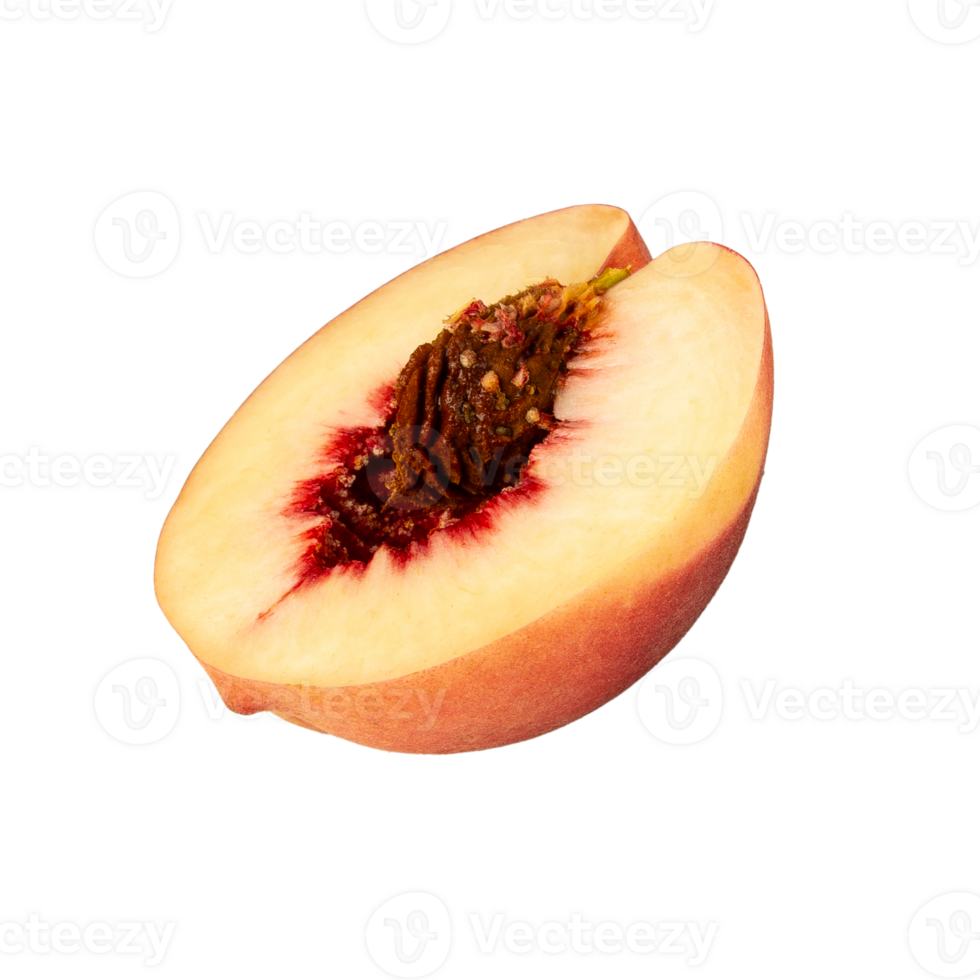 Fresh peach half with juicy flesh and pit visible, showcasing vibrant colors and textures png