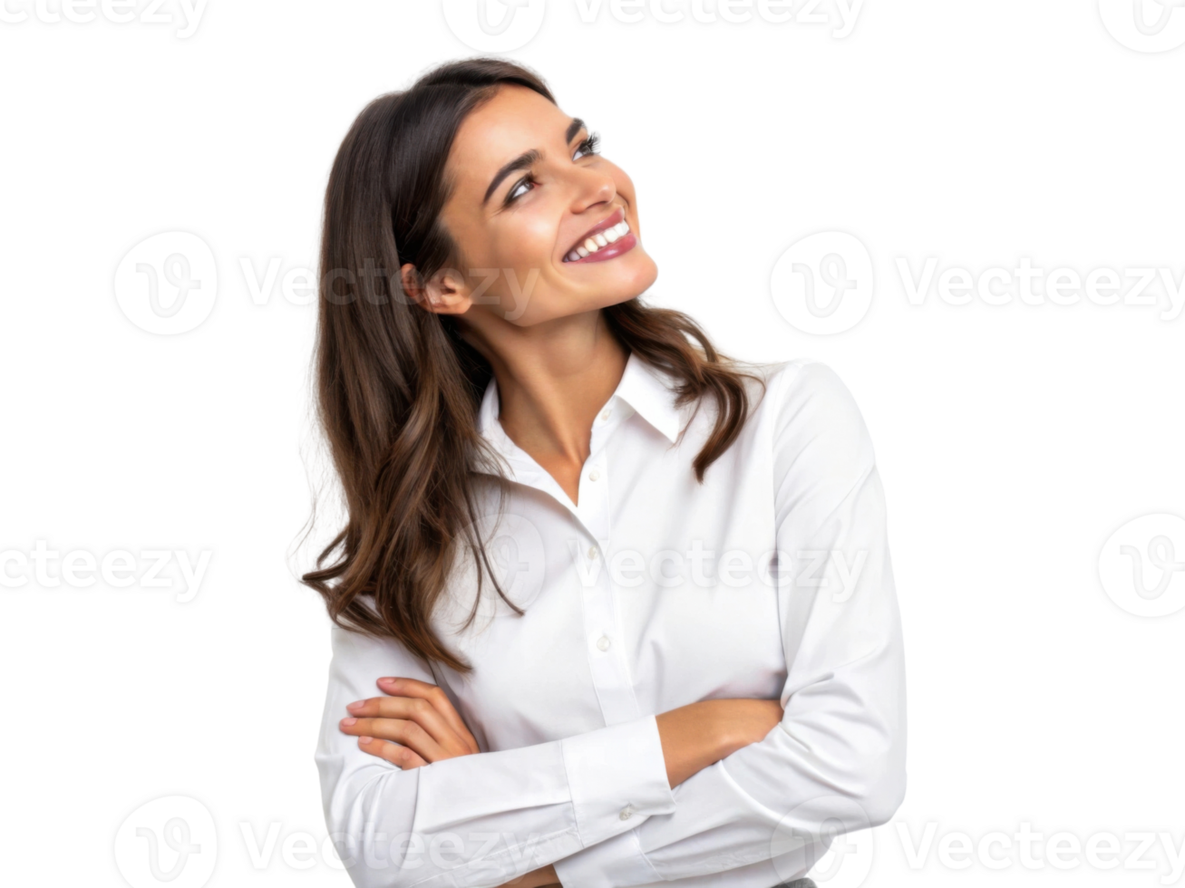 Smiling woman in white shirt looking up with crossed arms, expressing joy and confidence png