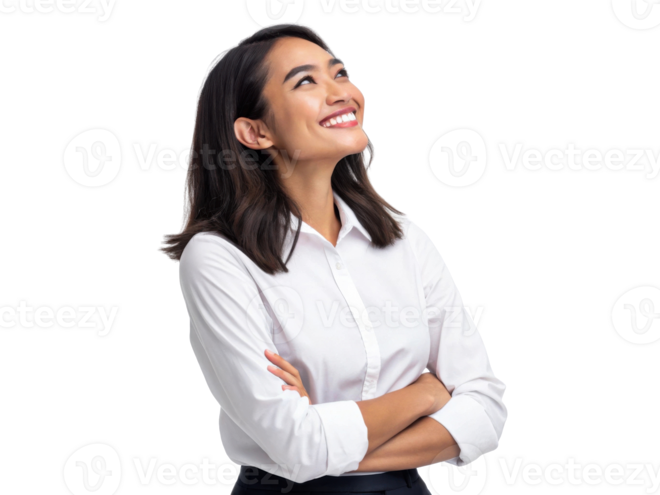Smiling woman in white shirt looking up with arms crossed, expressing joy and confidence png