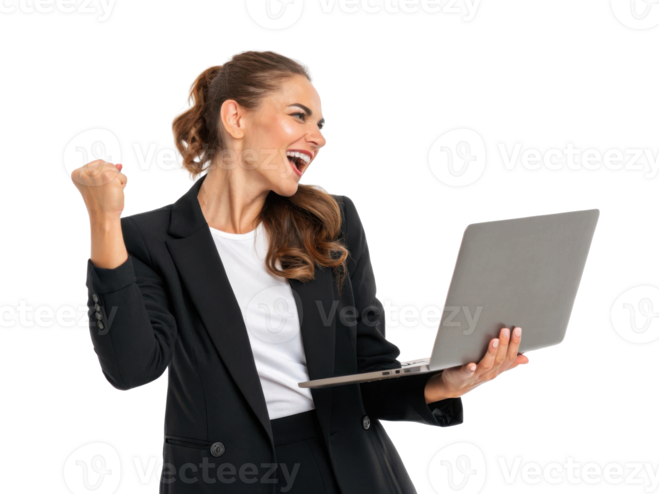 Excited woman celebrating success with laptop in hand png