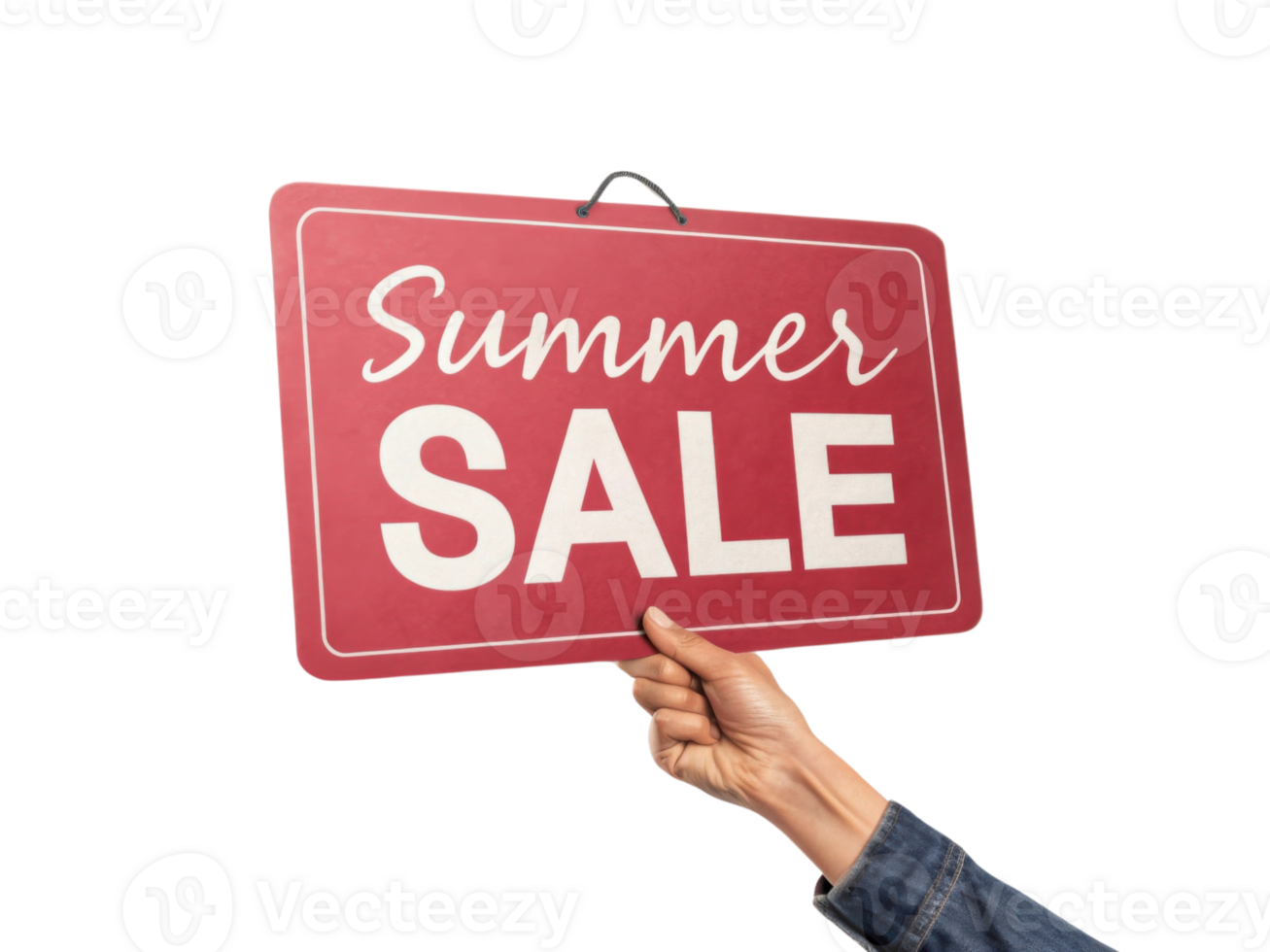 Summer sale sign held by hand, promoting discounts and deals. png