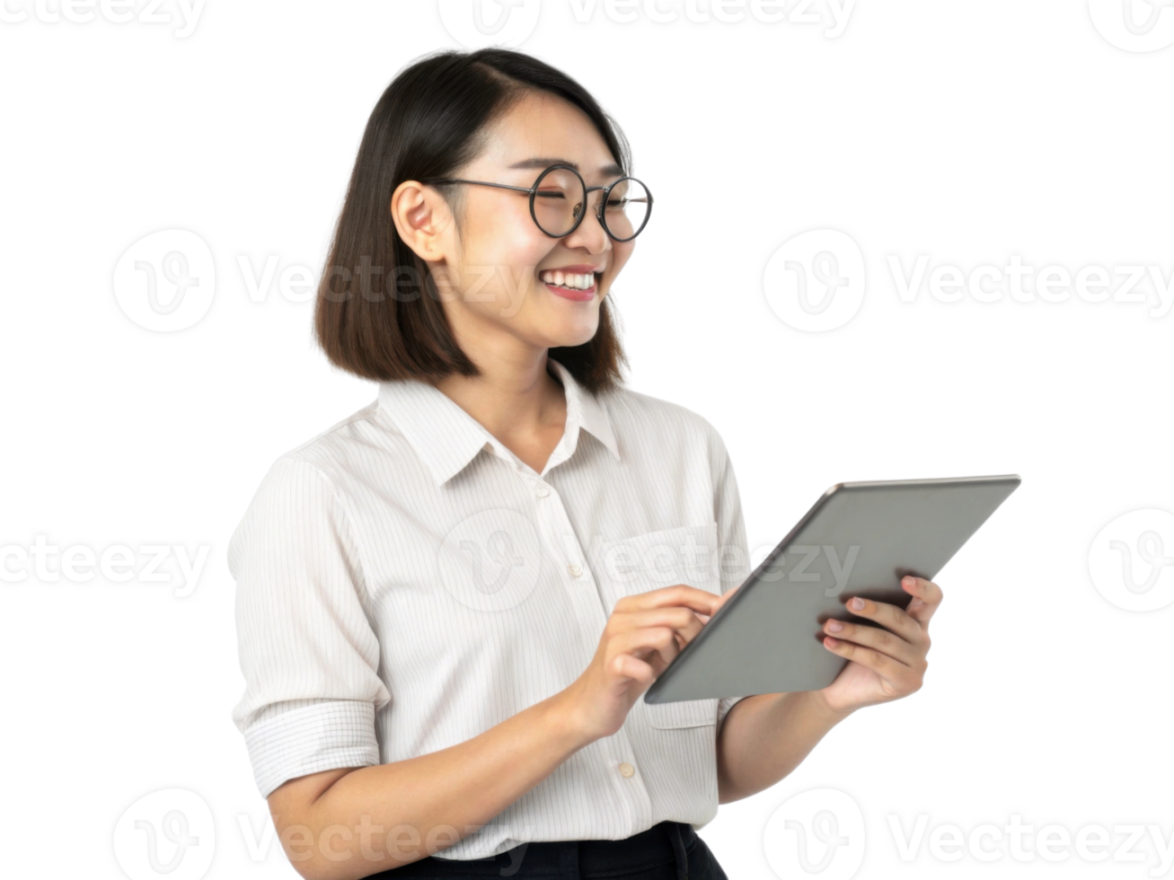 woman smiling while using tablet, wearing glasses and light shirt png