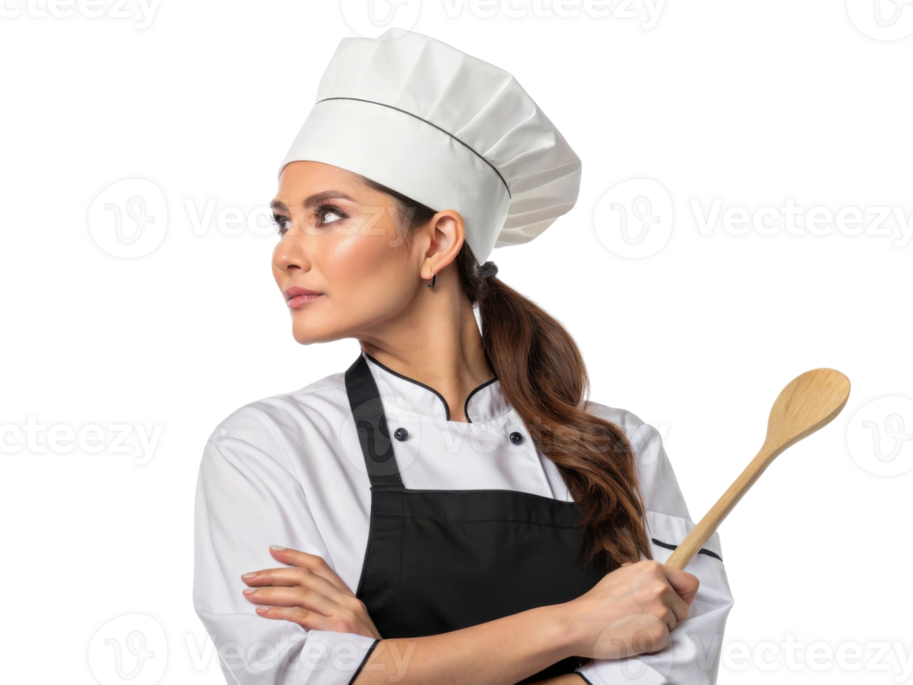 confident chef in white uniform and hat, holding wooden spoon png