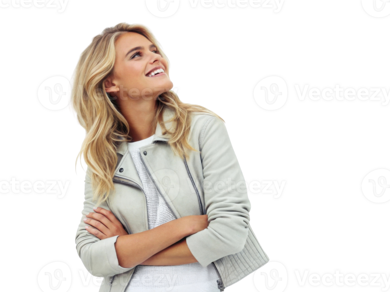 smiling woman in light jacket, looking upwards with joy and confidence png