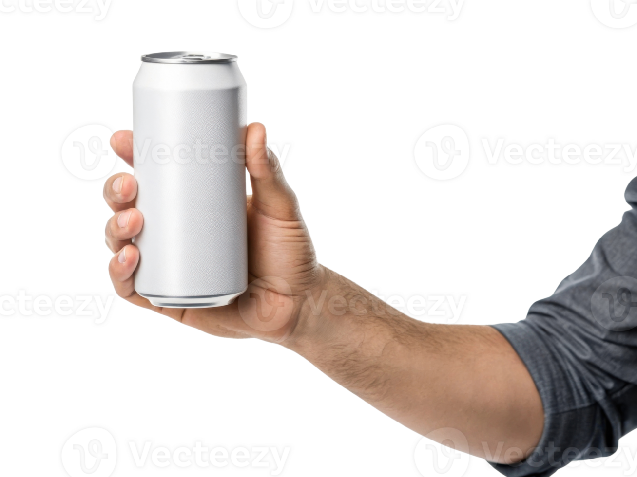 person holding blank aluminum can with textured surface, showcasing minimalist design png