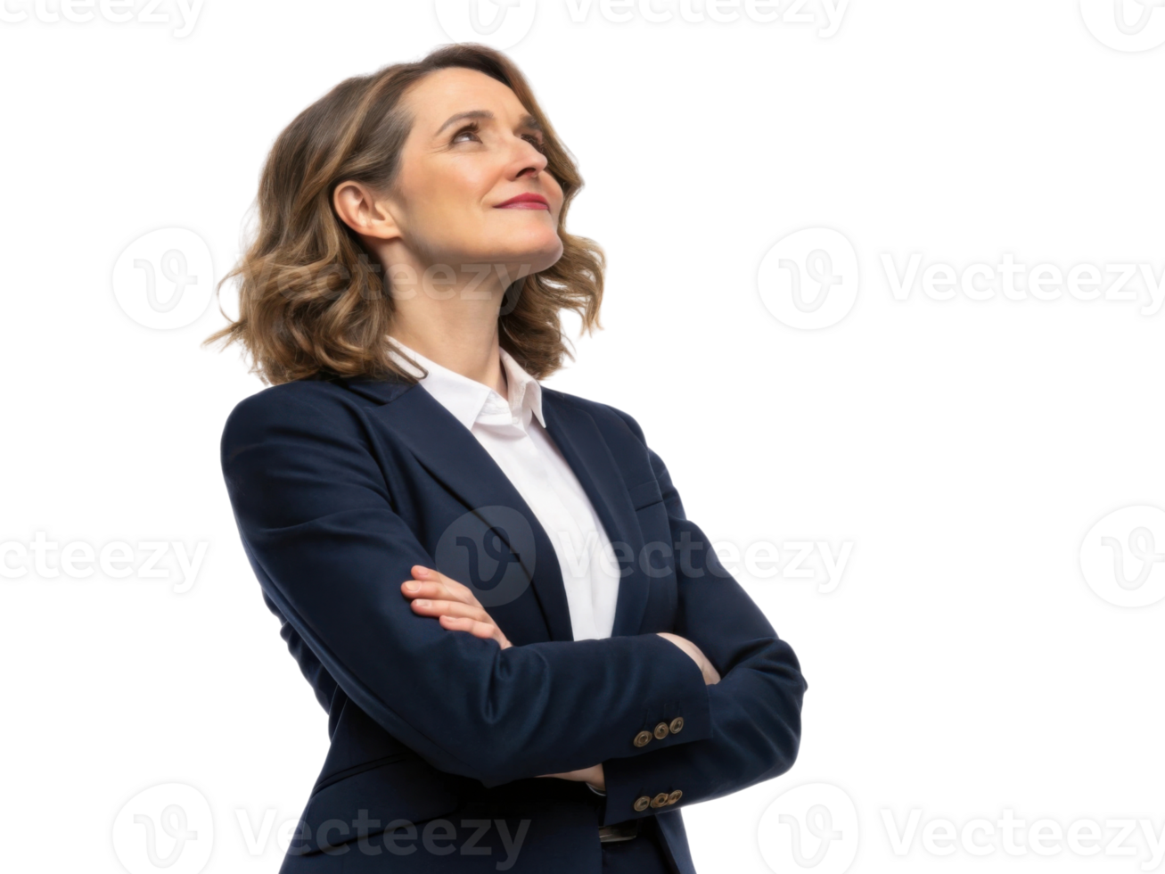Confident businesswoman in suit looking upward with thoughtful expression png