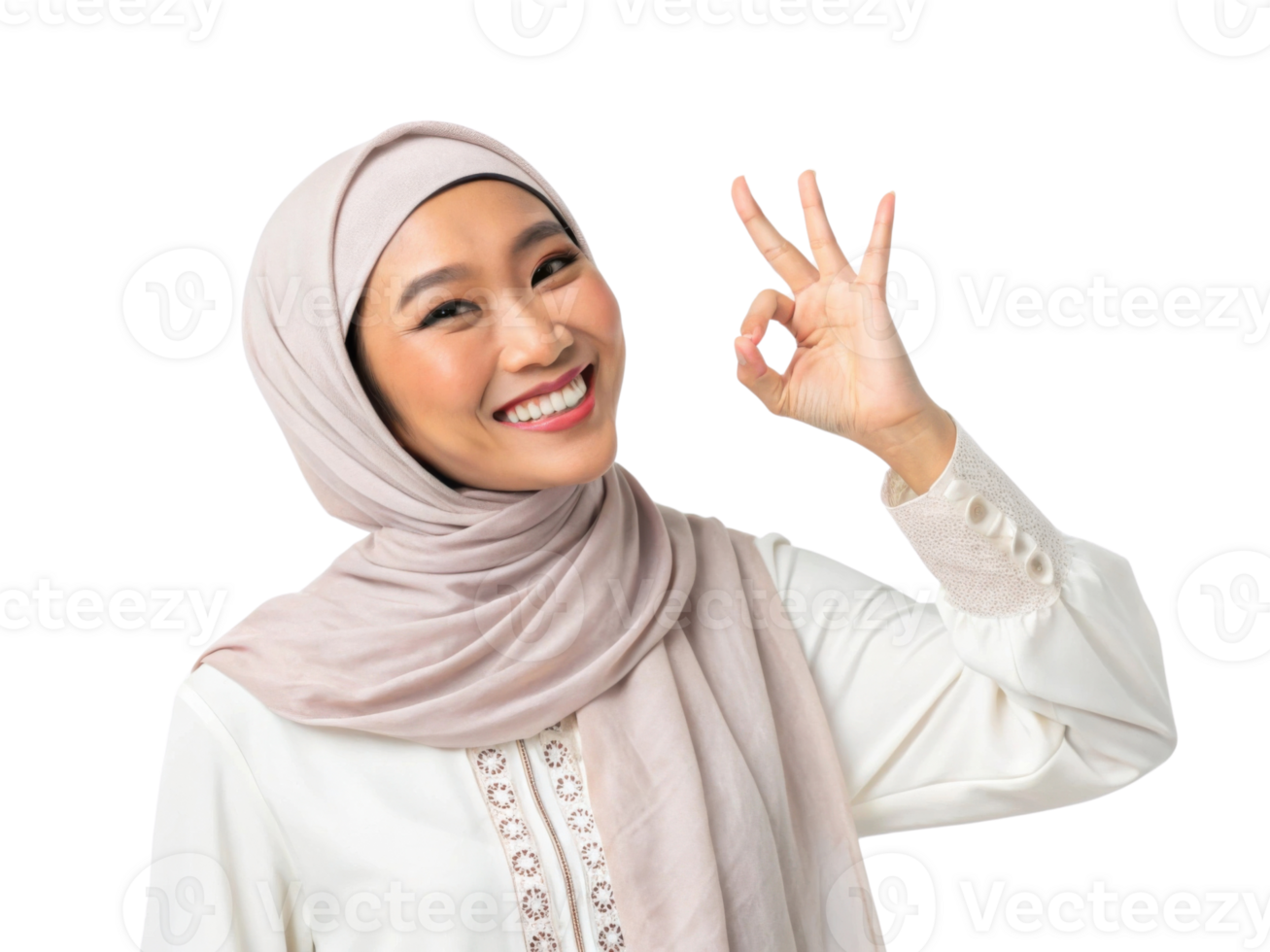 smiling woman in hijab making okay hand gesture, expressing positivity and confidence png