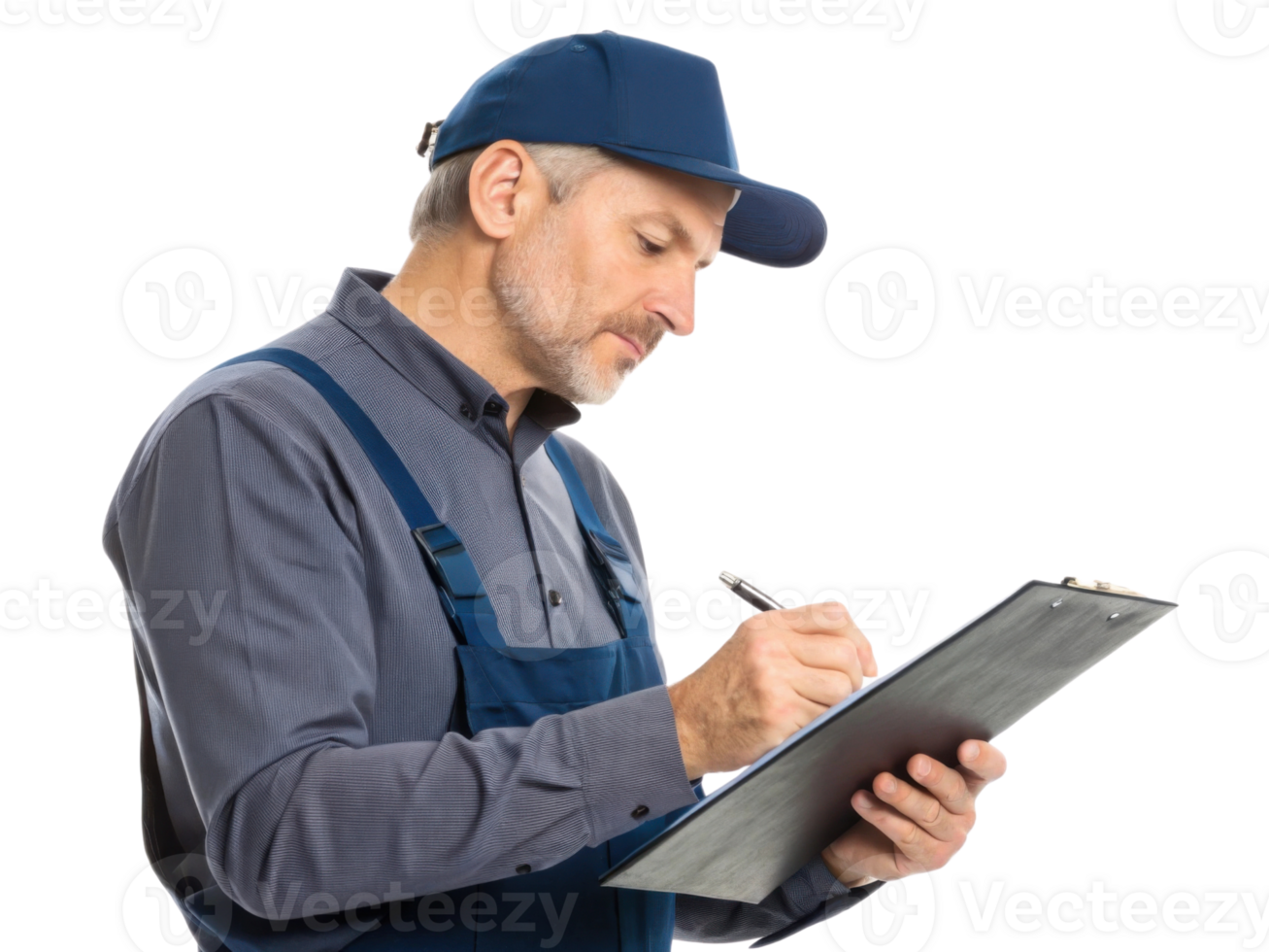 man in blue cap and work uniform writing on clipboard png