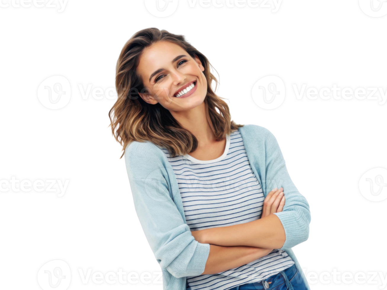 Smiling woman with long hair wearing striped shirt and cardigan png