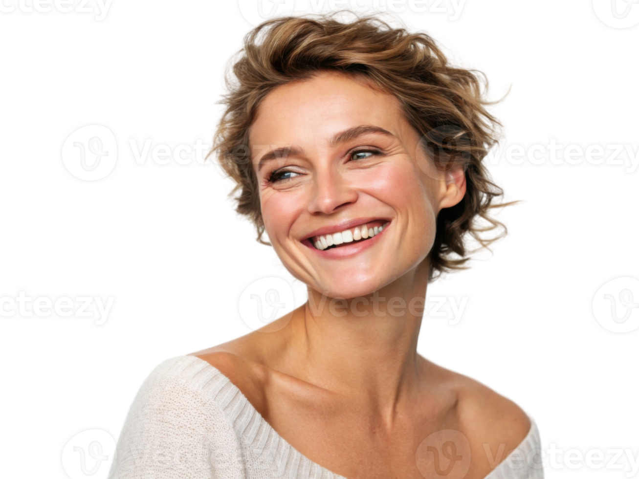 Smiling woman with curly hair wearing light sweater, radiating joy and warmth png