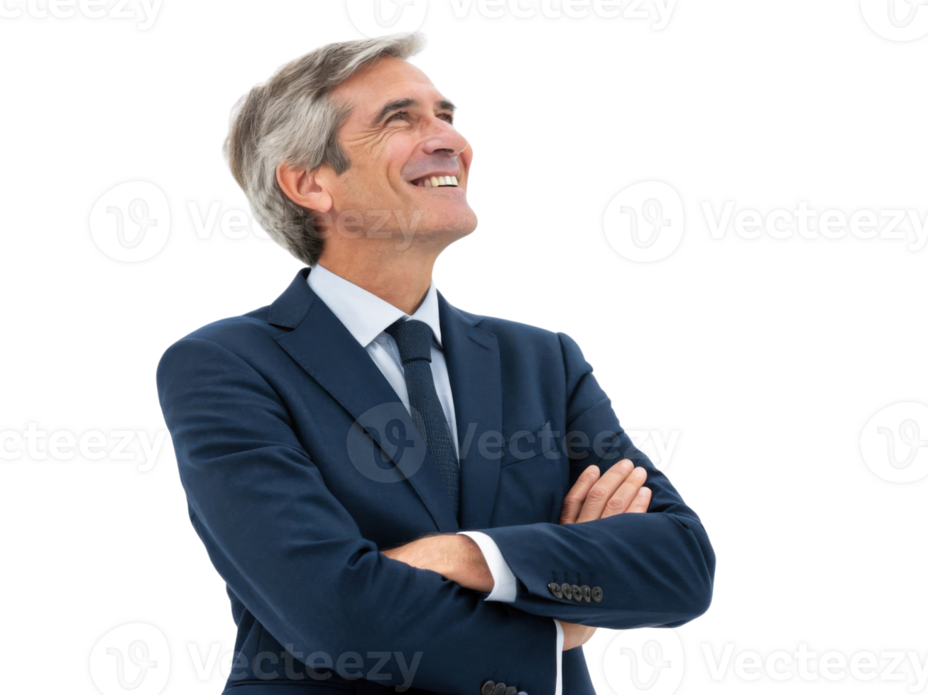 Confident businessman smiling with arms crossed, looking upward png