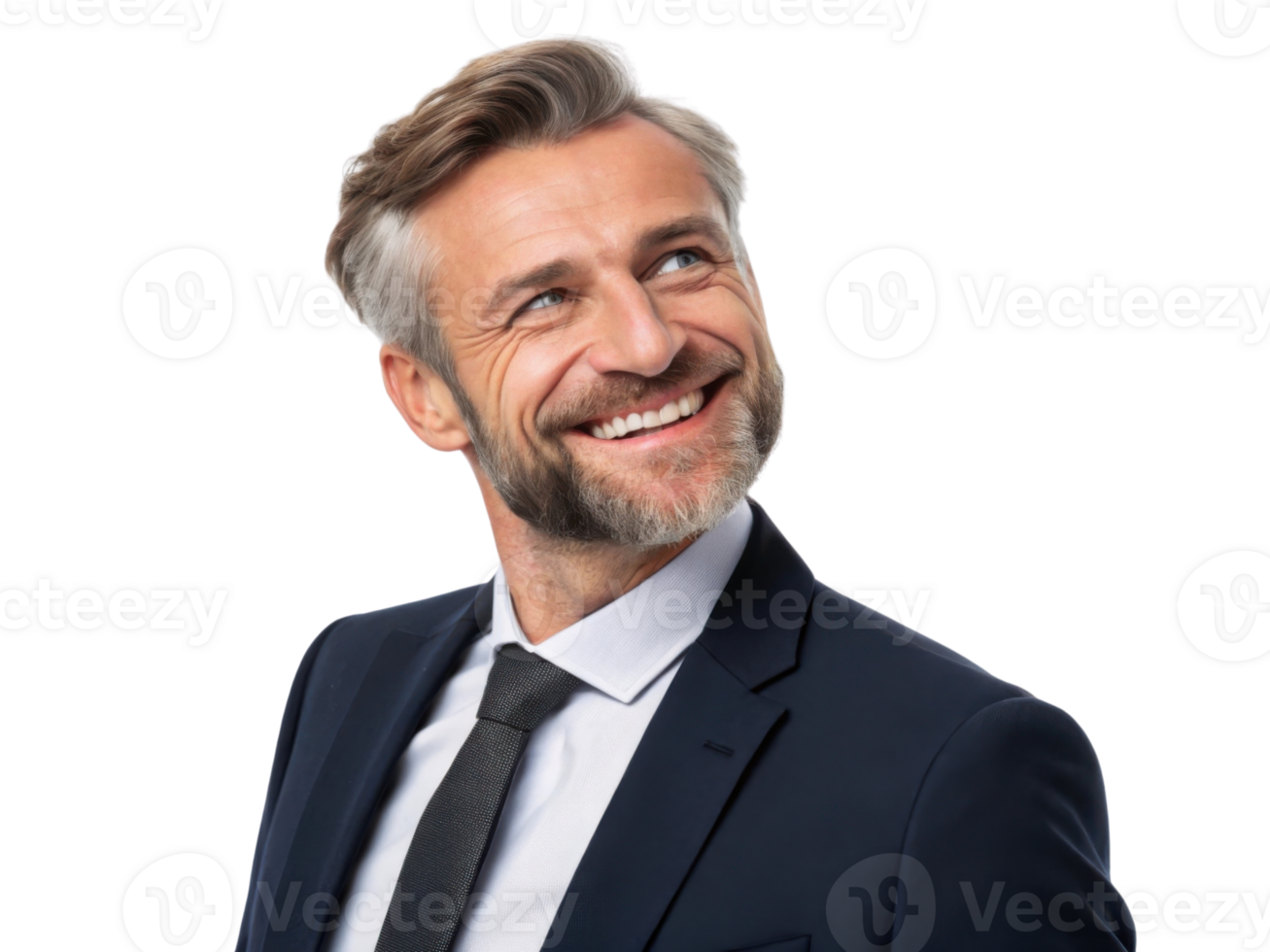 Confident man smiling in suit with tie, showcasing positive attitude png