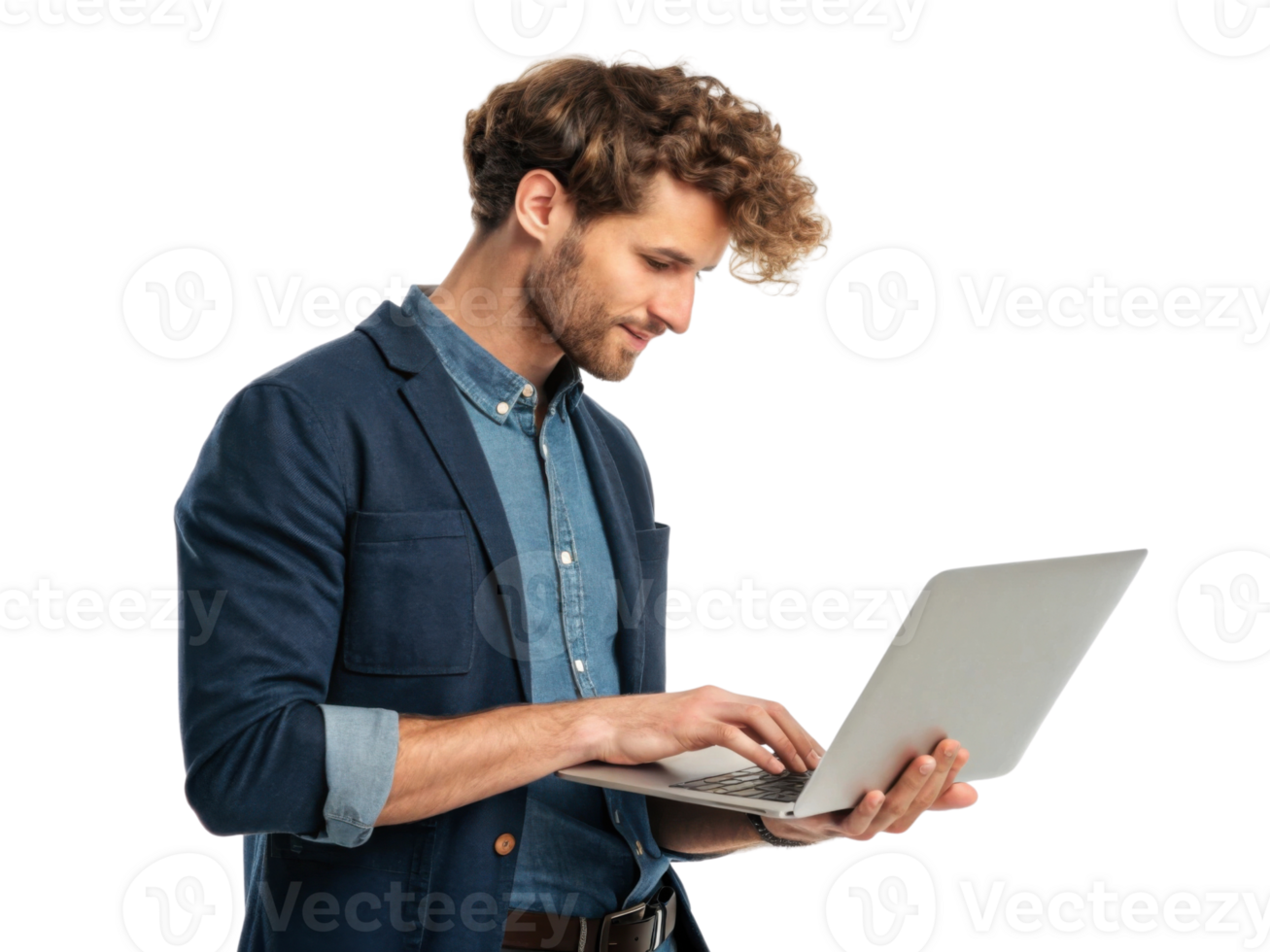 young man in blazer using laptop, focused and engaged in work png
