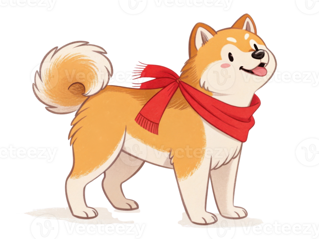 Cute cartoon dog wearing red scarf, standing happily with wagging tail png
