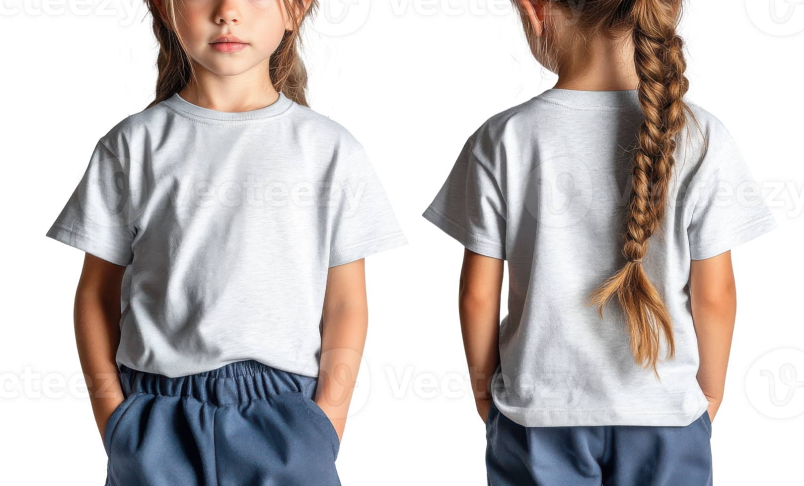 child wearing plain white t shirt and blue shorts, showcasing both front and back views png