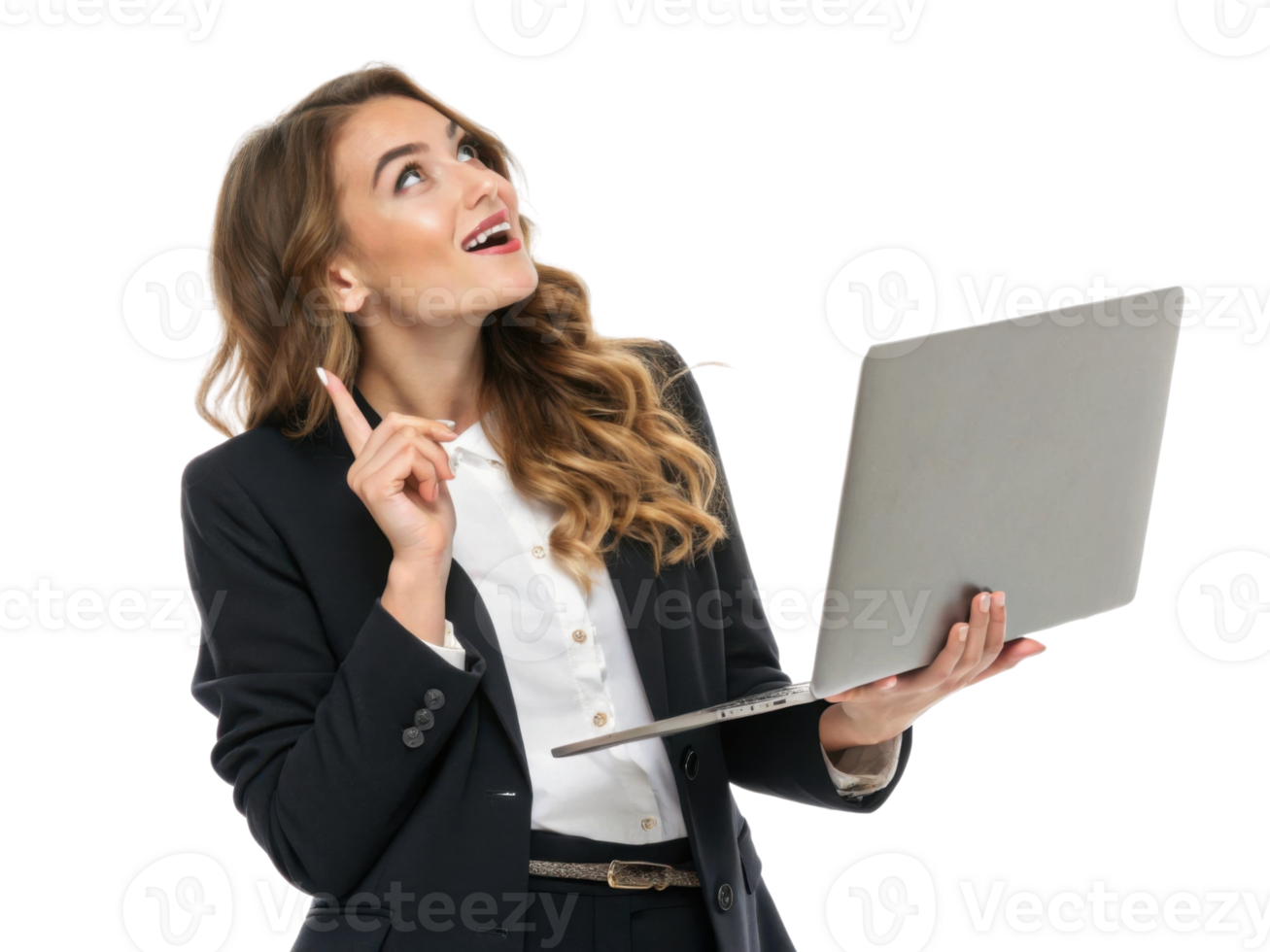 Businesswoman with laptop, smiling and pointing upwards, expressing ideas and creativity png