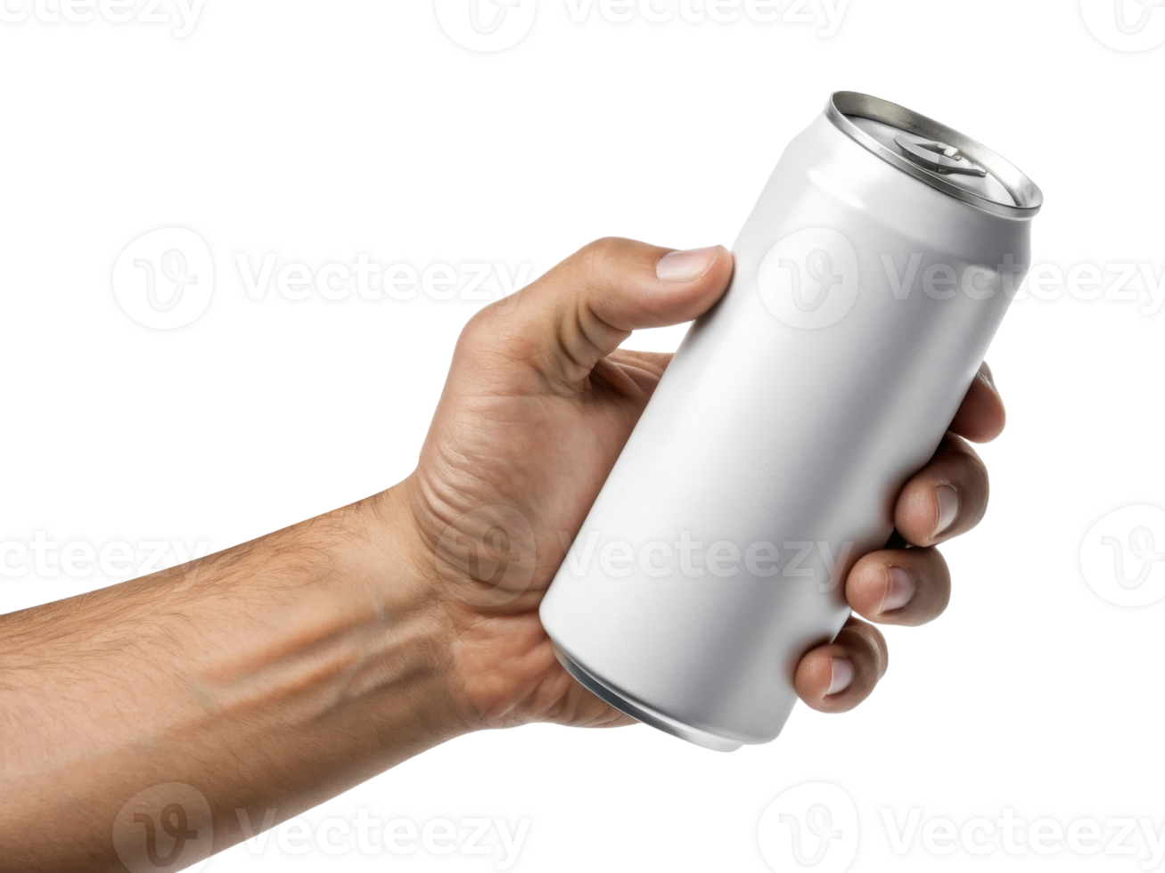 person holding blank white beverage can in their hand, showcasing its design png