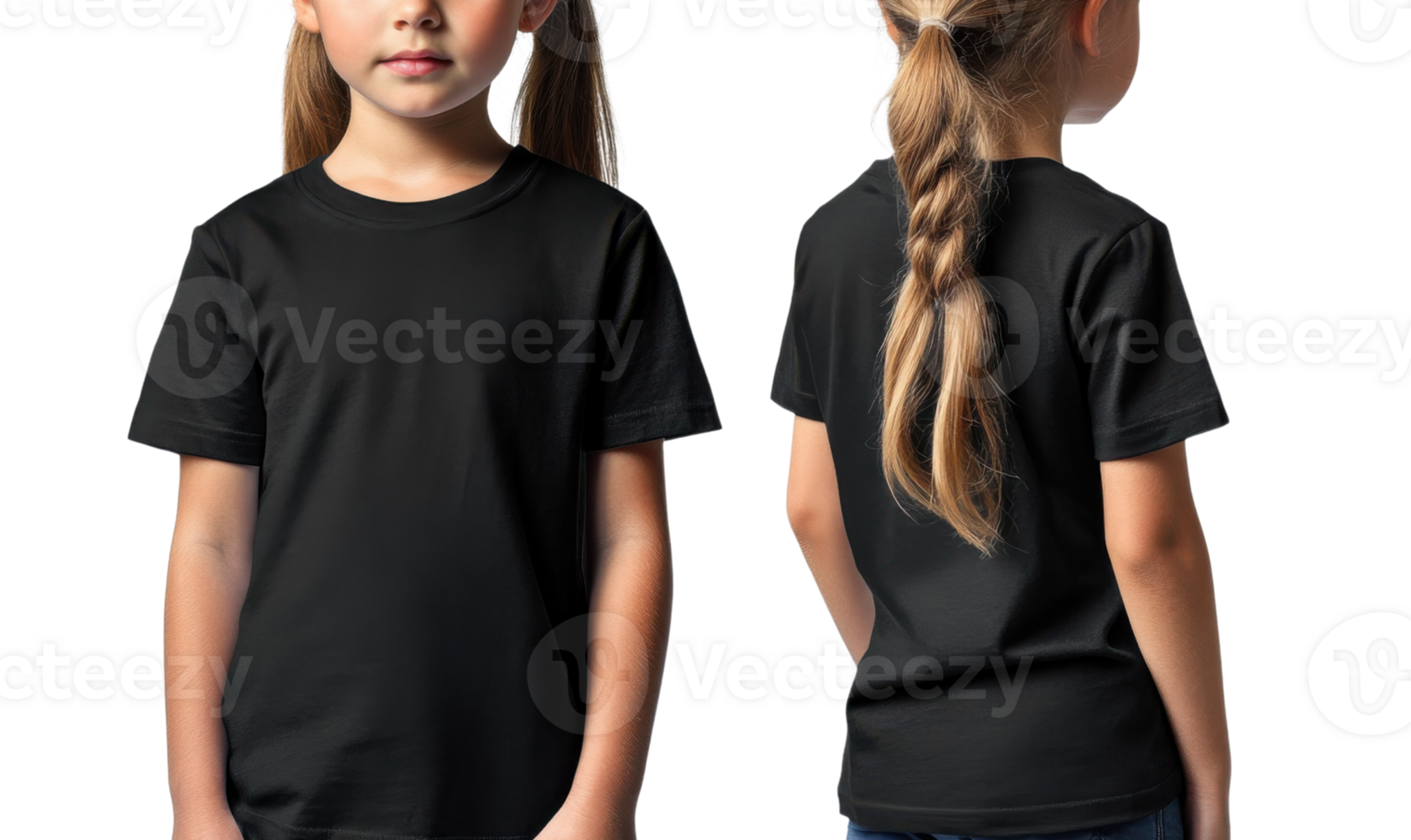 Set of girl wearing black t shirt, showcasing both front and back views, with long hair styled in braid png