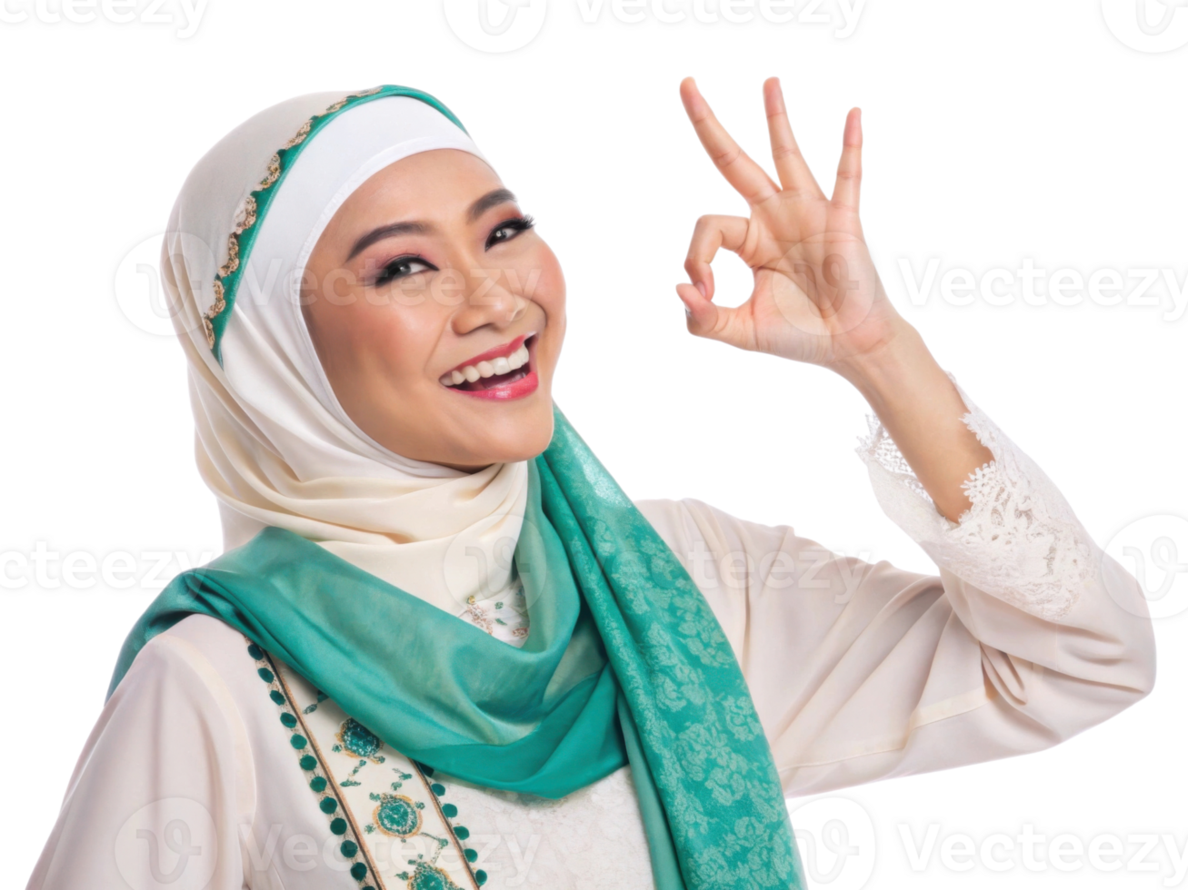 Smiling woman in hijab making okay gesture, expressing happiness and positivity png