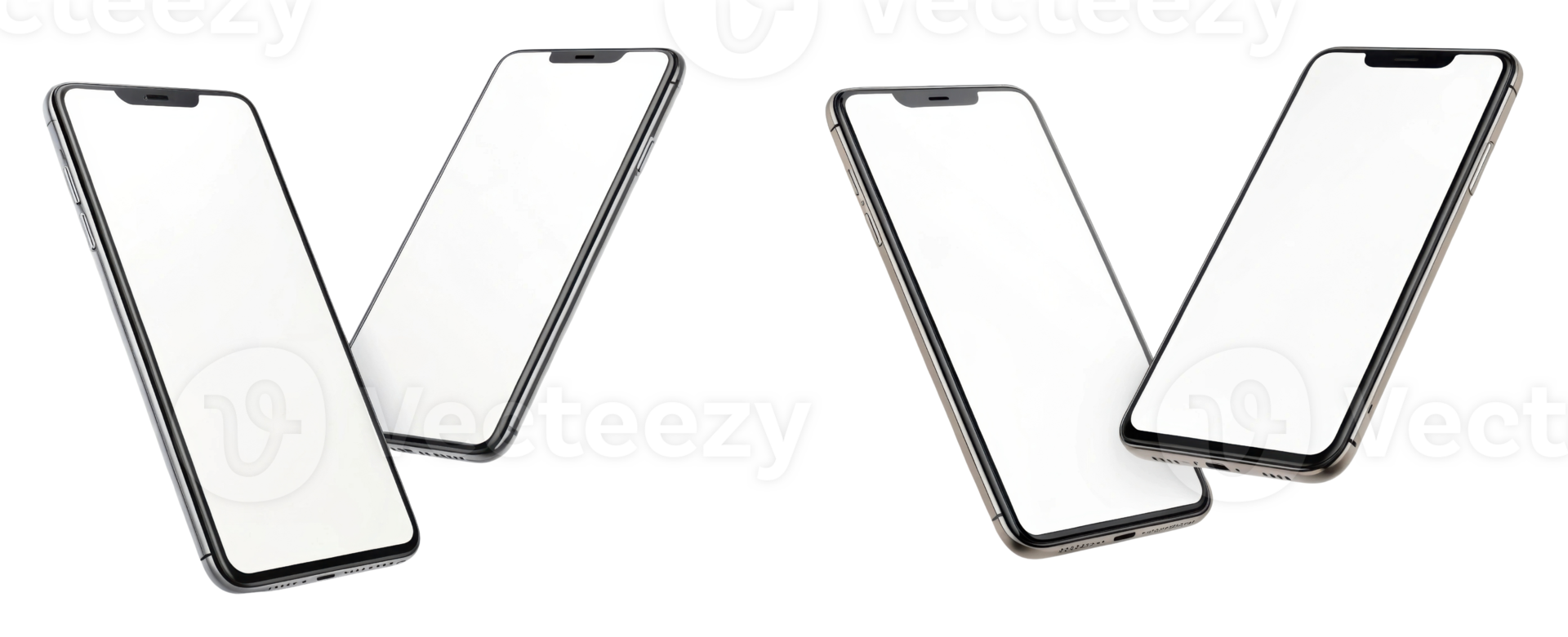 Two modern smartphones with blank screens positioned in V shape, showcasing sleek design and technology png