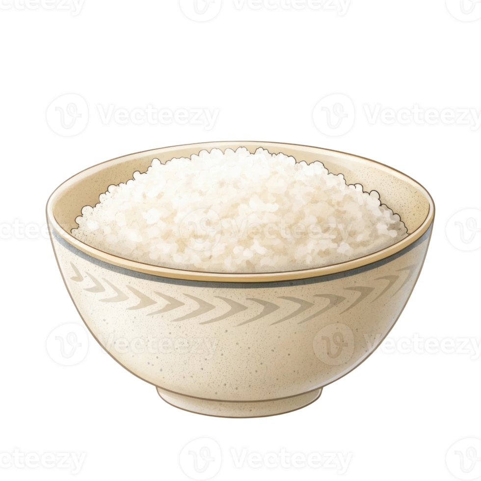 Freshly cooked white rice in decorative bowl, perfect for meals png