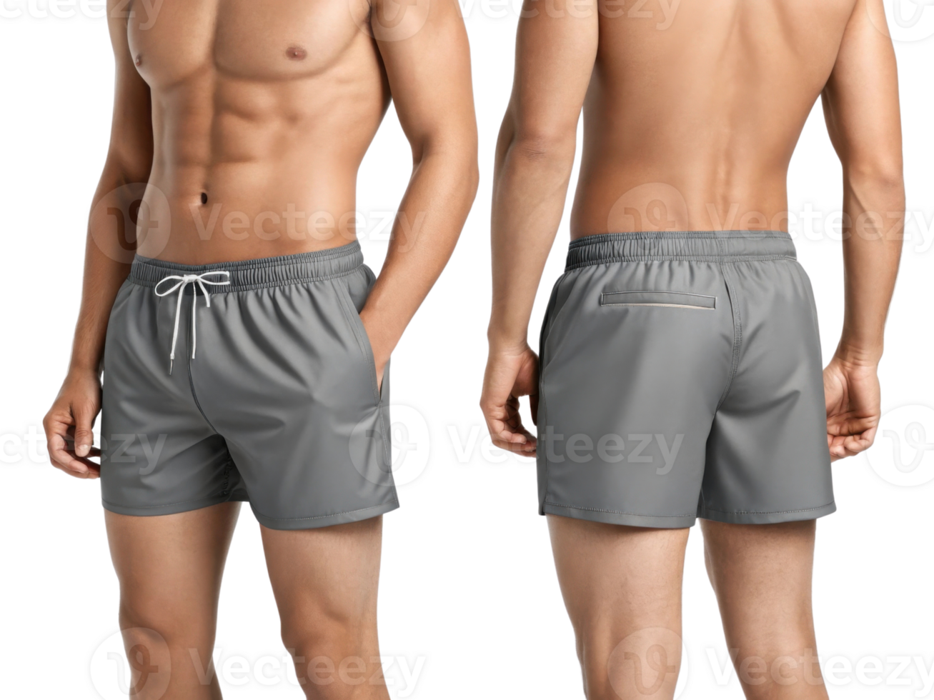Men gray swim shorts with elastic waistband and back pocket, perfect for summer activities png