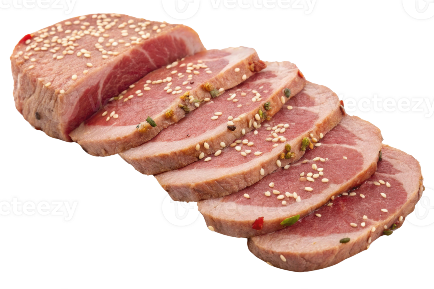 Sliced meat with sesame seeds, garnished with spices, on transparency background png