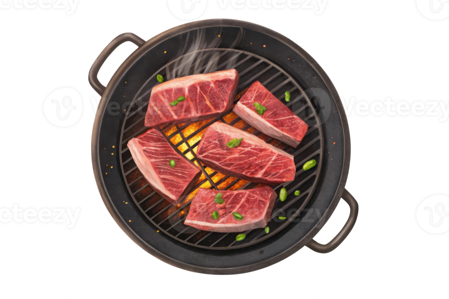Grilled meat on barbecue with smoke and herbs, showcasing delicious steaks png