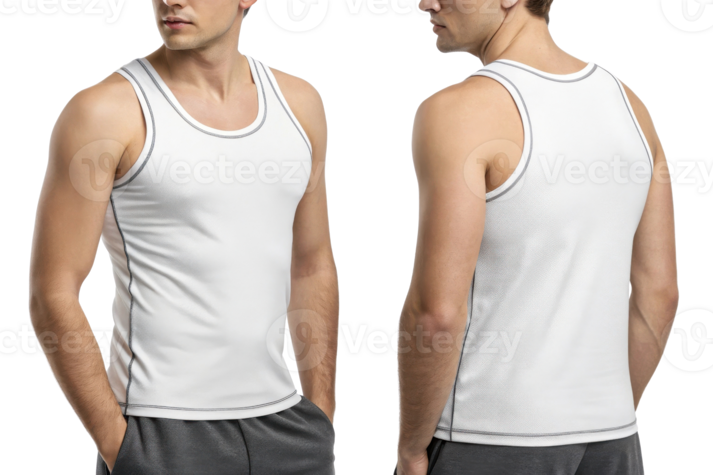 fitted white tank top worn by man, showcasing sporty style and comfortable fit png