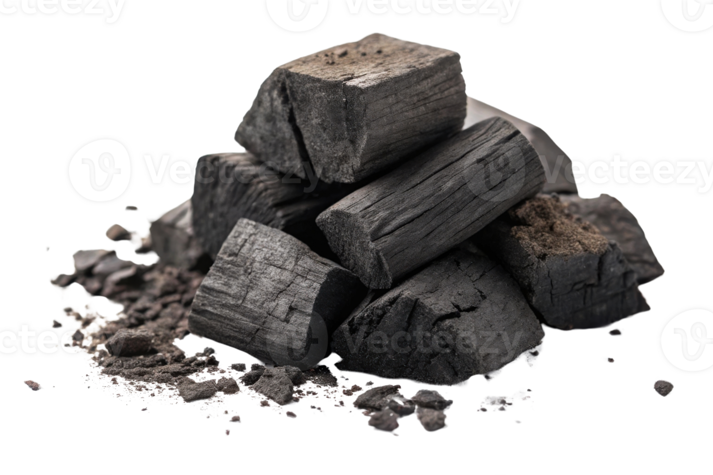 Charcoal pieces stacked on surface with dust and debris, ideal for grilling or art png