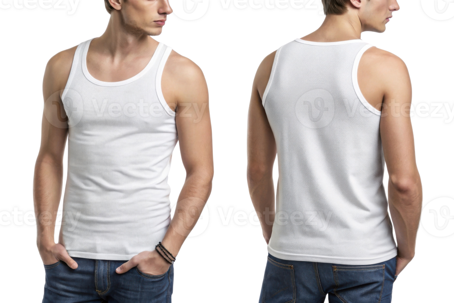 model wearing white tank top, showcasing front and back views, exuding casual style png