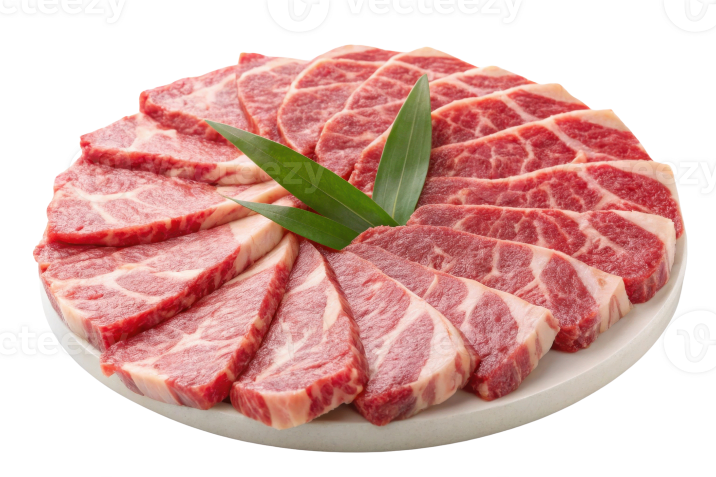 Freshly sliced beef arranged beautifully on plate, showcasing marbling and texture png