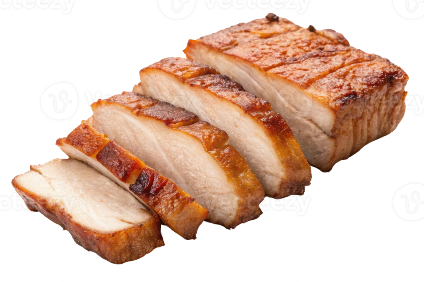 Sliced roasted pork with crispy skin, showcasing delicious texture and color. Perfect for culinary presentations png