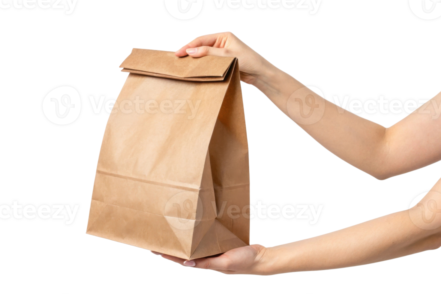 person holding brown paper bag with folded top, ideal for takeout or lunch png