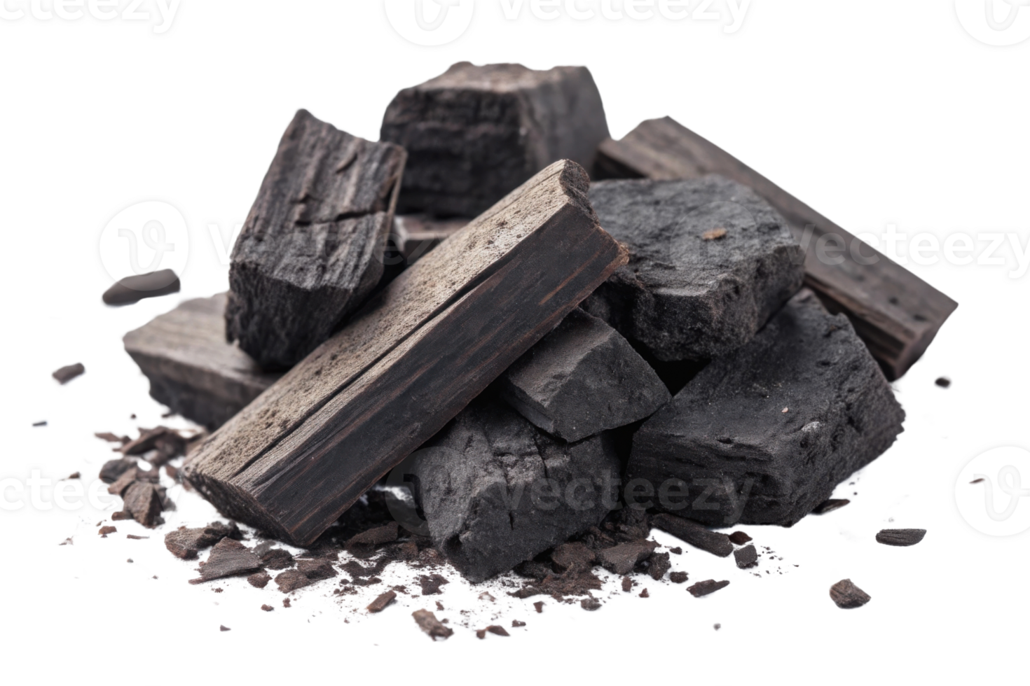Charcoal pieces stacked together, showcasing various textures and colors. Ideal for grilling or art projects png