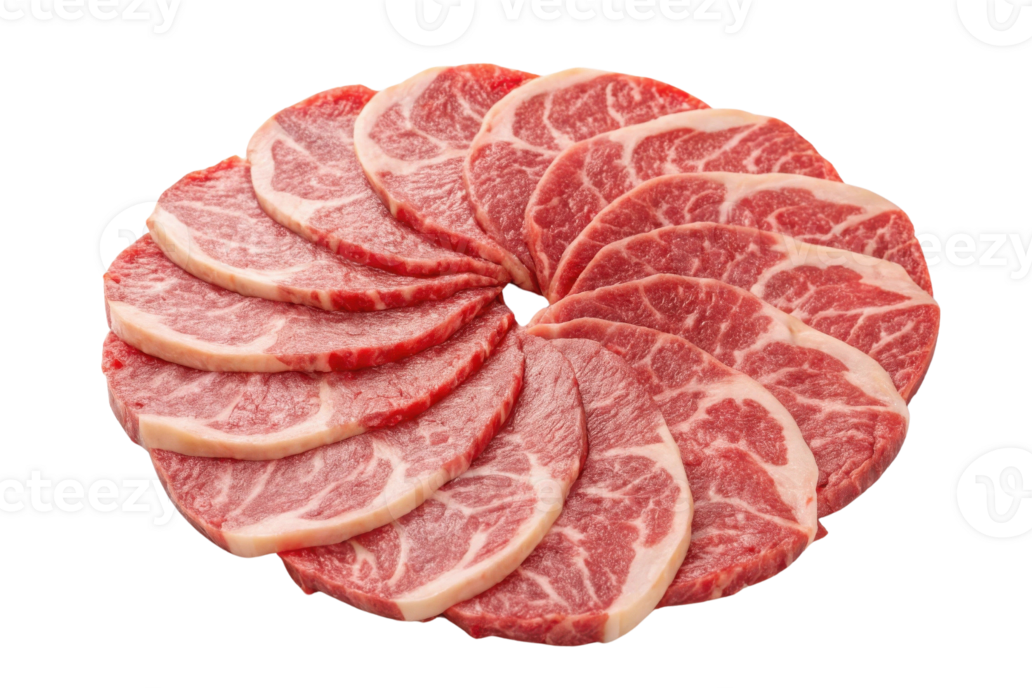 Fresh marbled beef slices arranged in circular pattern, showcasing rich texture and color. Perfect for grilling or hot pot png