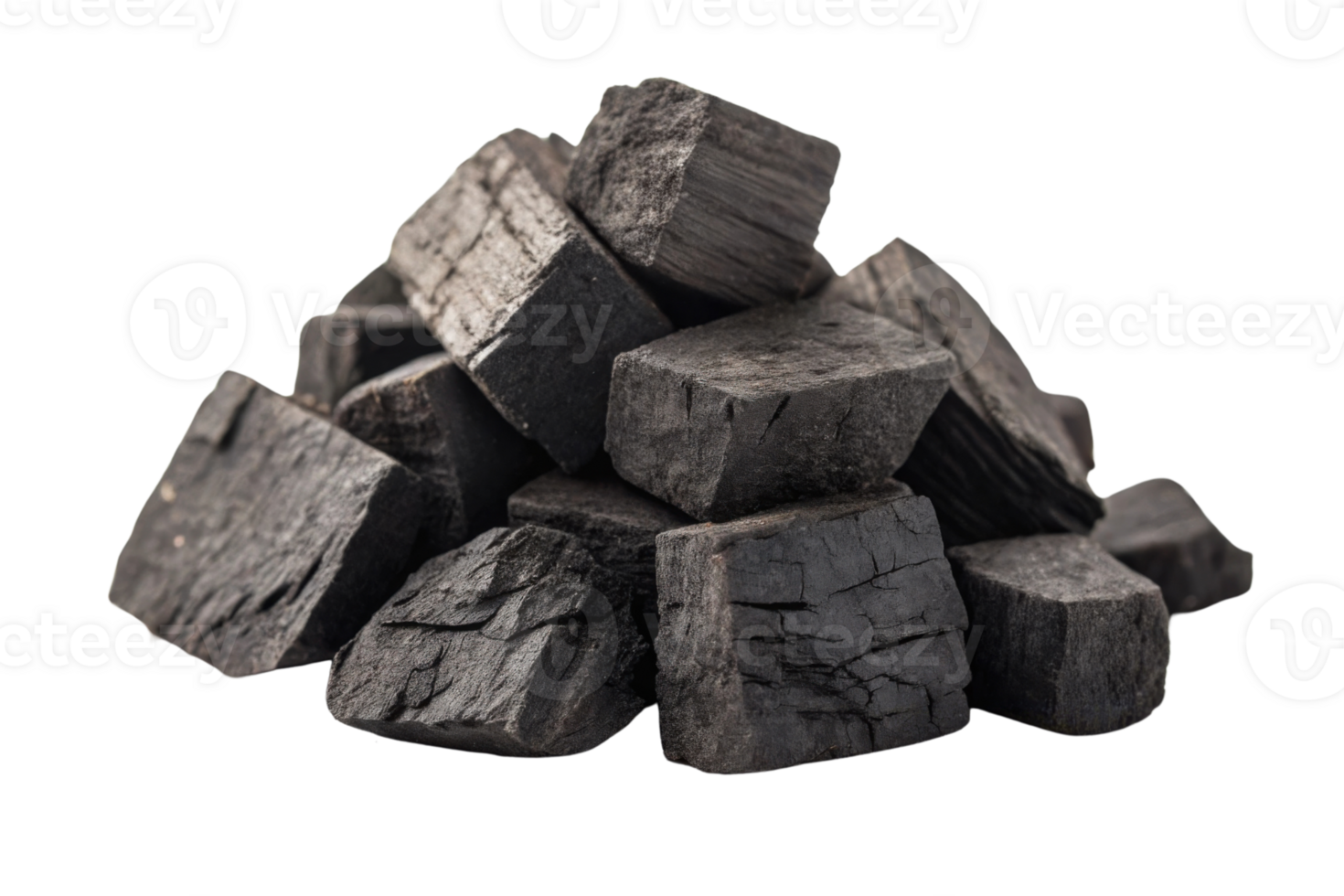 Charcoal pieces stacked in pile, showcasing dark texture and natural form. Ideal for grilling and art projects png