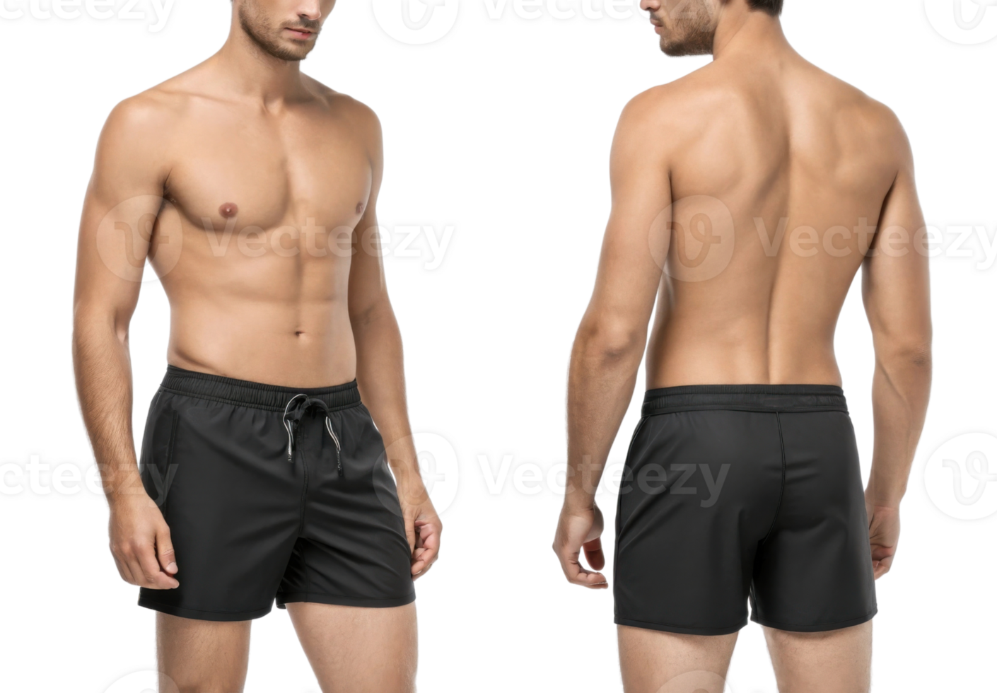 man wearing black swim shorts, showcasing fit physique from front and back views png