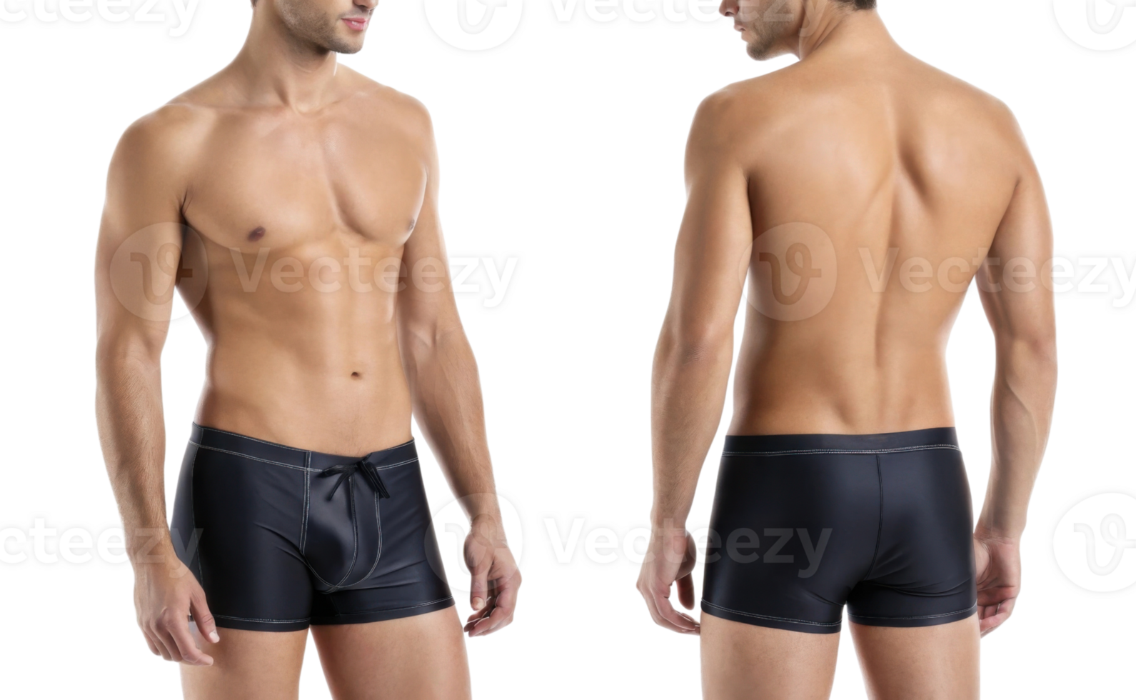Men swimwear in navy blue, showcasing front and back views, highlighting fit and style png