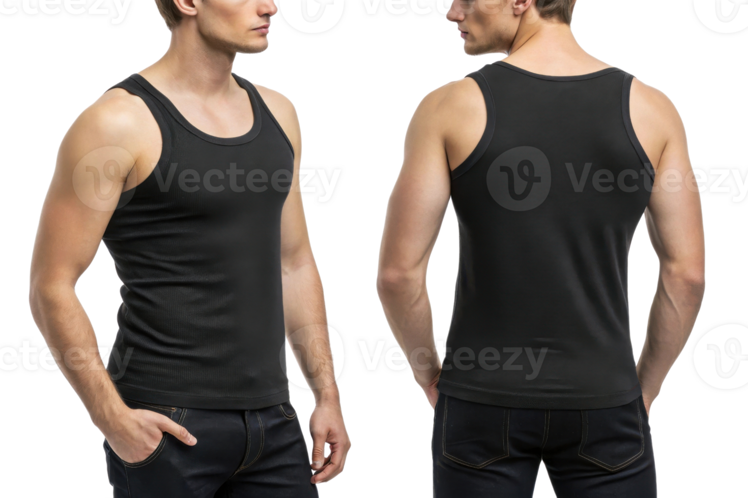 man wearing black tank top, showcasing front and back views, exuding confidence and style png