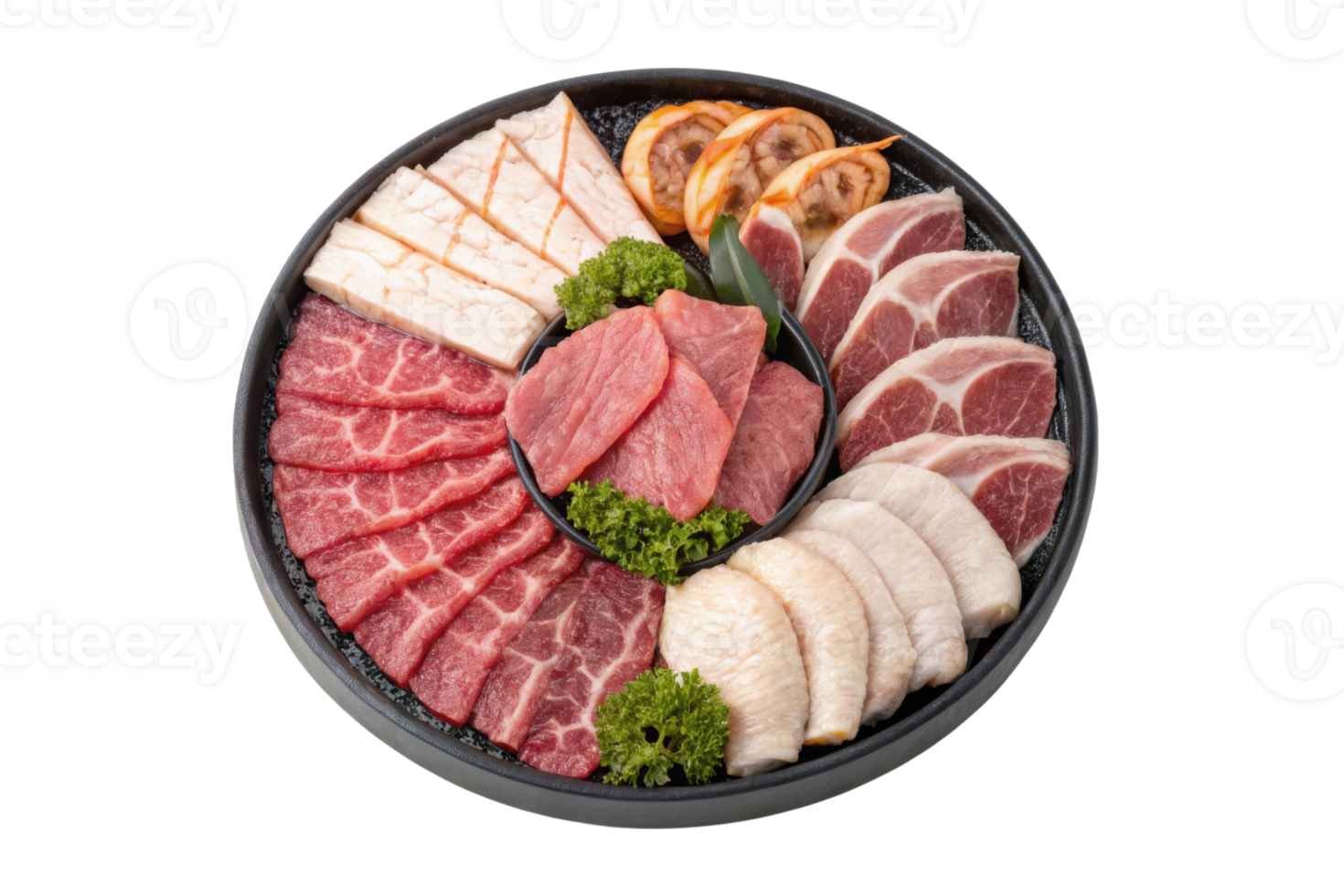 Delicious meat platter featuring various cuts of beef, pork, and shrimp, garnished with fresh greens png